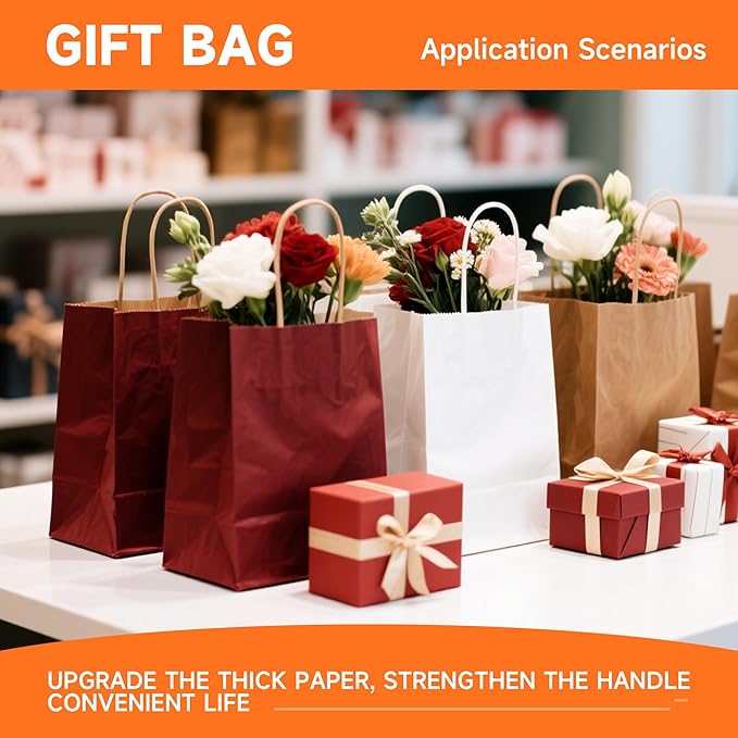 METAPRINT 50 Pack Small Gift Bags 5.8x3.2x8.25 Inch White Paper Bags with Handles Bulk, Kraft Paper Bags for Party favor, Retail, Grocery Sacks