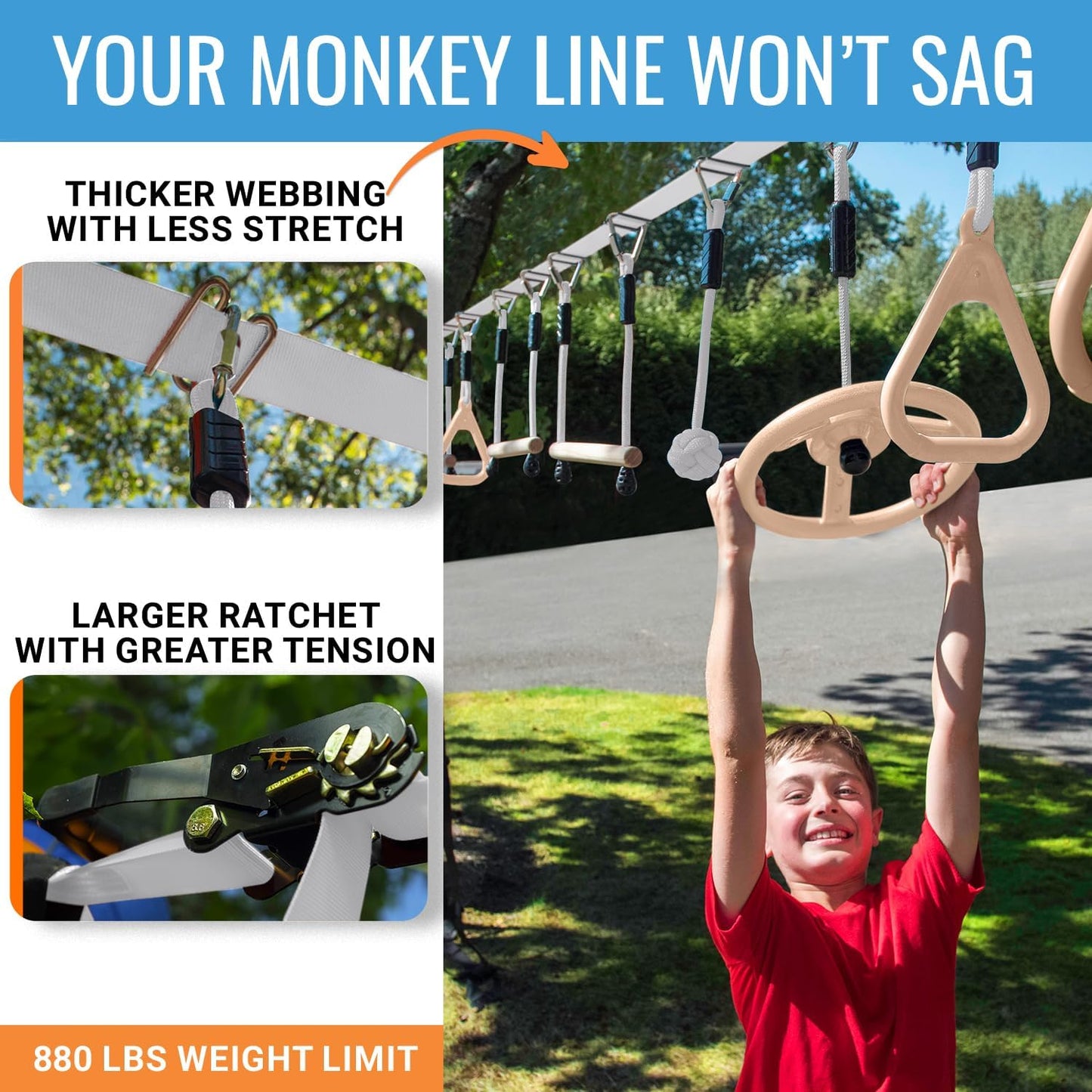 Ninja Warrior Obstacle Course for Kids – 2 x 50 ft Slacklines with 10 Weatherproof Obstacles – Monkey Net, Ratchet-Tight Technology, Supports Up to 880 lbs – Climbing & Swinging Equipment
