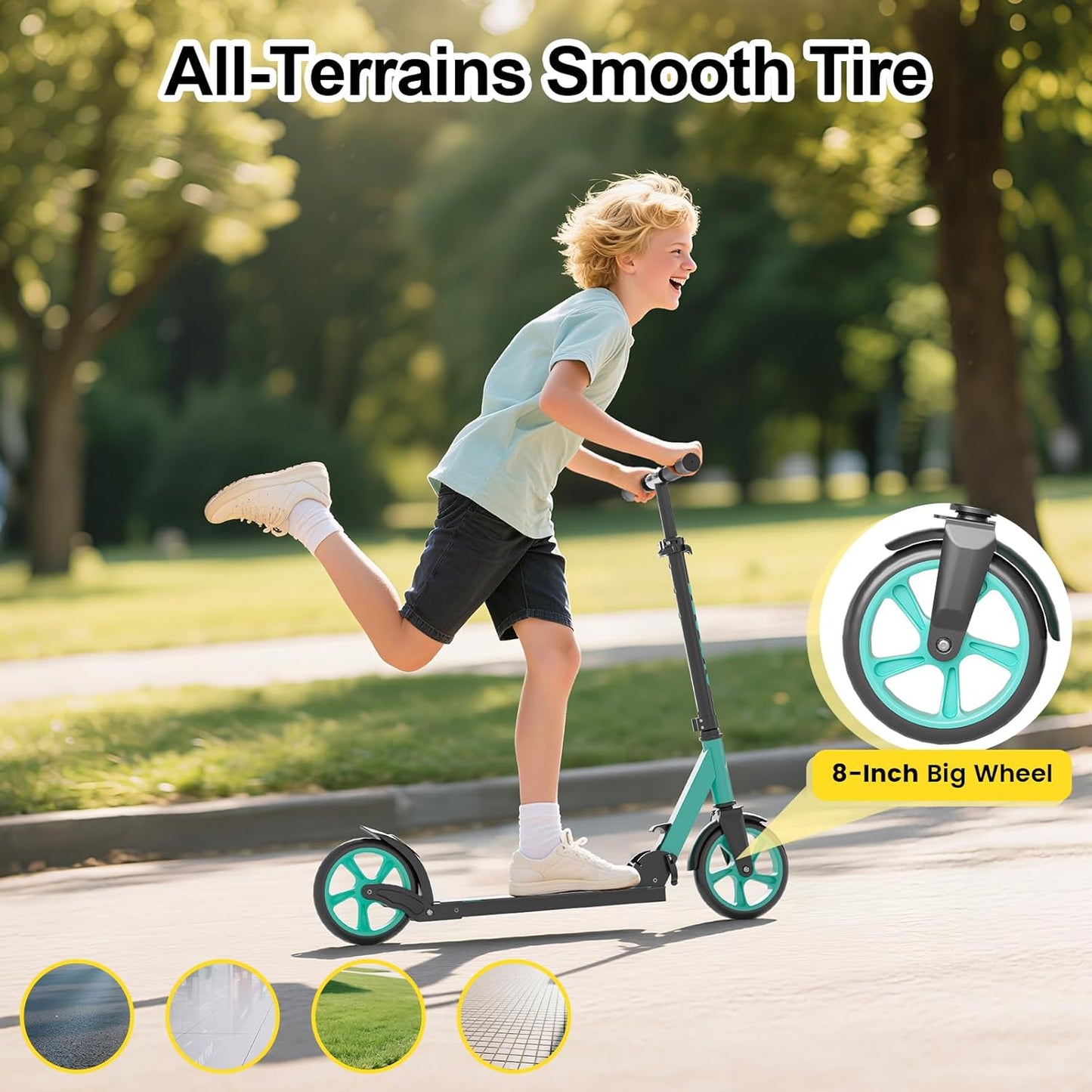 Kick Scooter for Kids Teens & Adults, 4 Adjustable Heights, 8IN All Terrain Big Wheels, Foldable and Lightweight, Gifts for Girls Boys