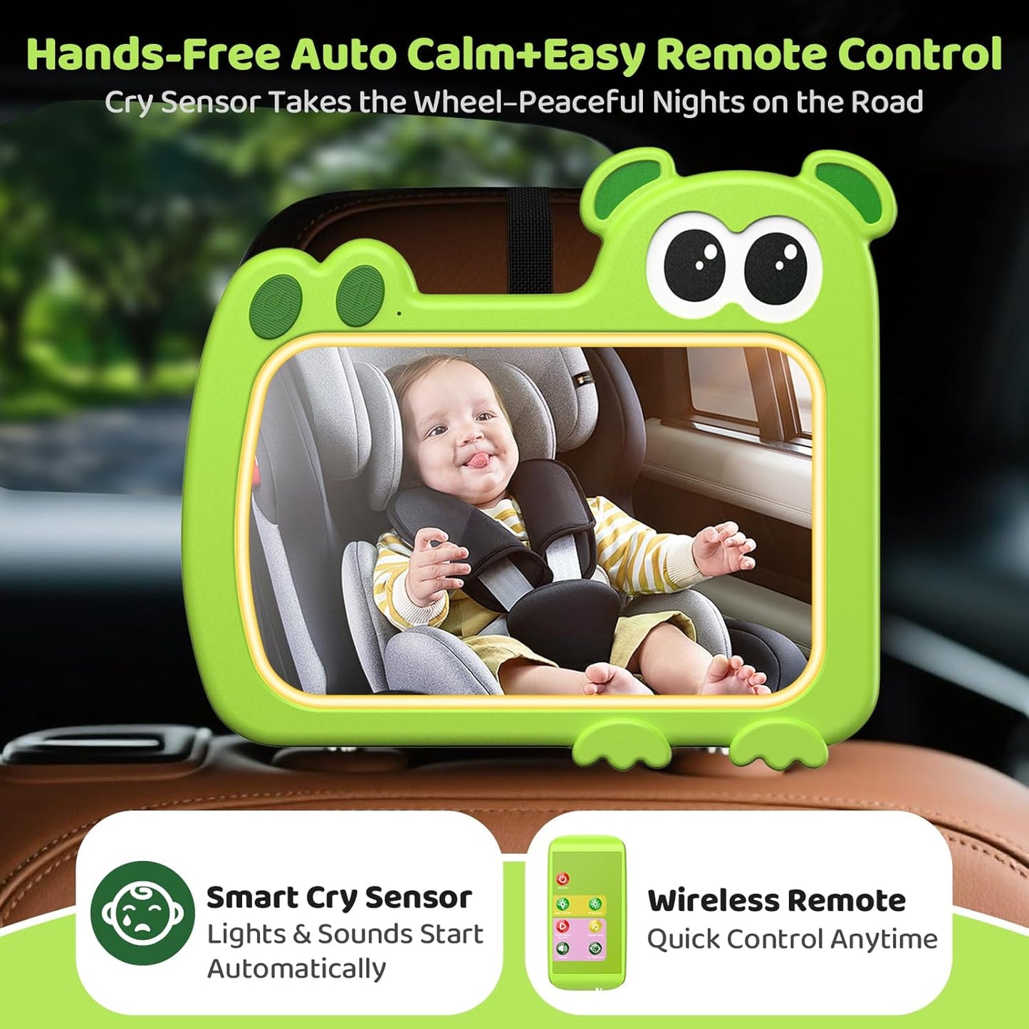 2-in-1 Baby Car Mirror with Lights & Soft Sounds, Cry Detector, Clear Night View, 360° Rotation, Shatterproof, Rear Facing Baby Car Seat Mirror with Remote Control, Perfect Baby Shower Gifts (Green)