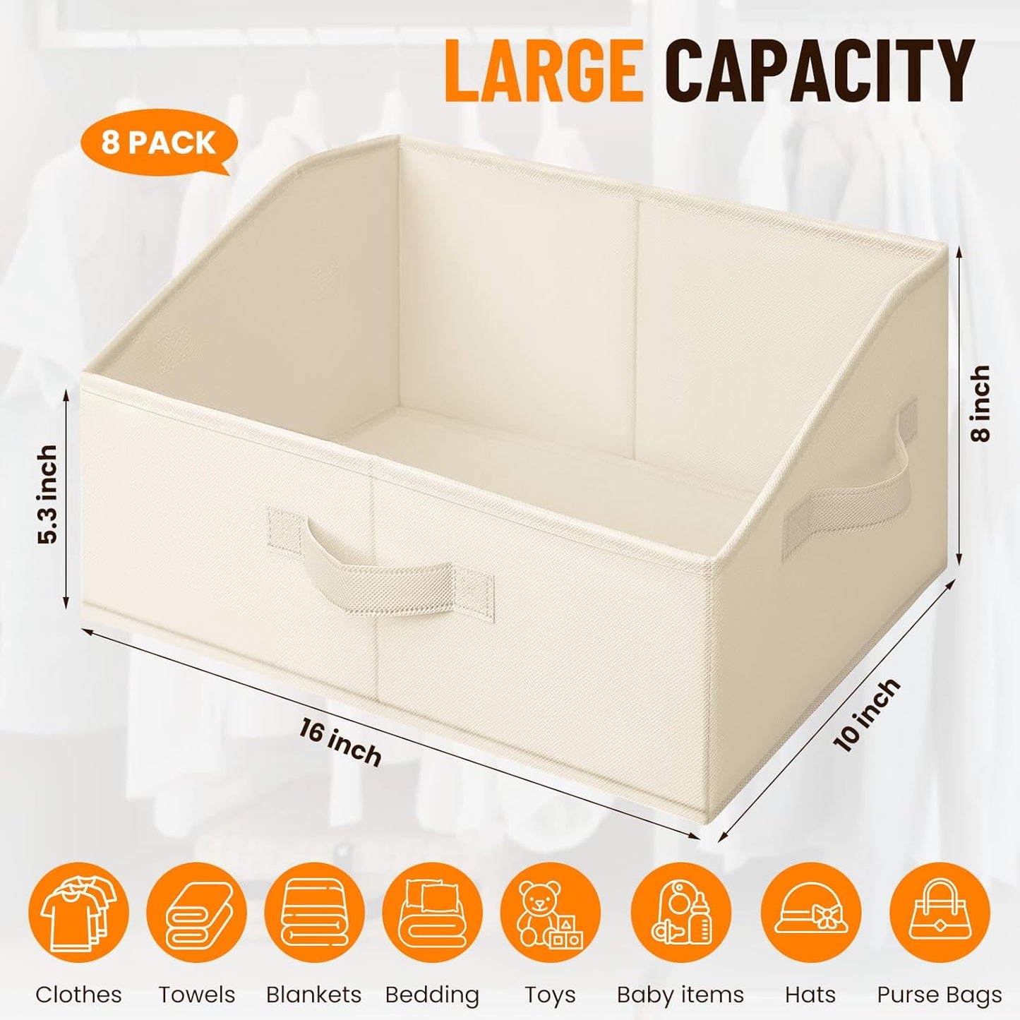 Criusia Closet Organizers Bins 8 Pack - Large Closet Shelf Organizer with Handles - Fabric Trapezoid Home Organization and Storage Baskets for Organizing Clothes Toy Blanket Towel Purse Hats