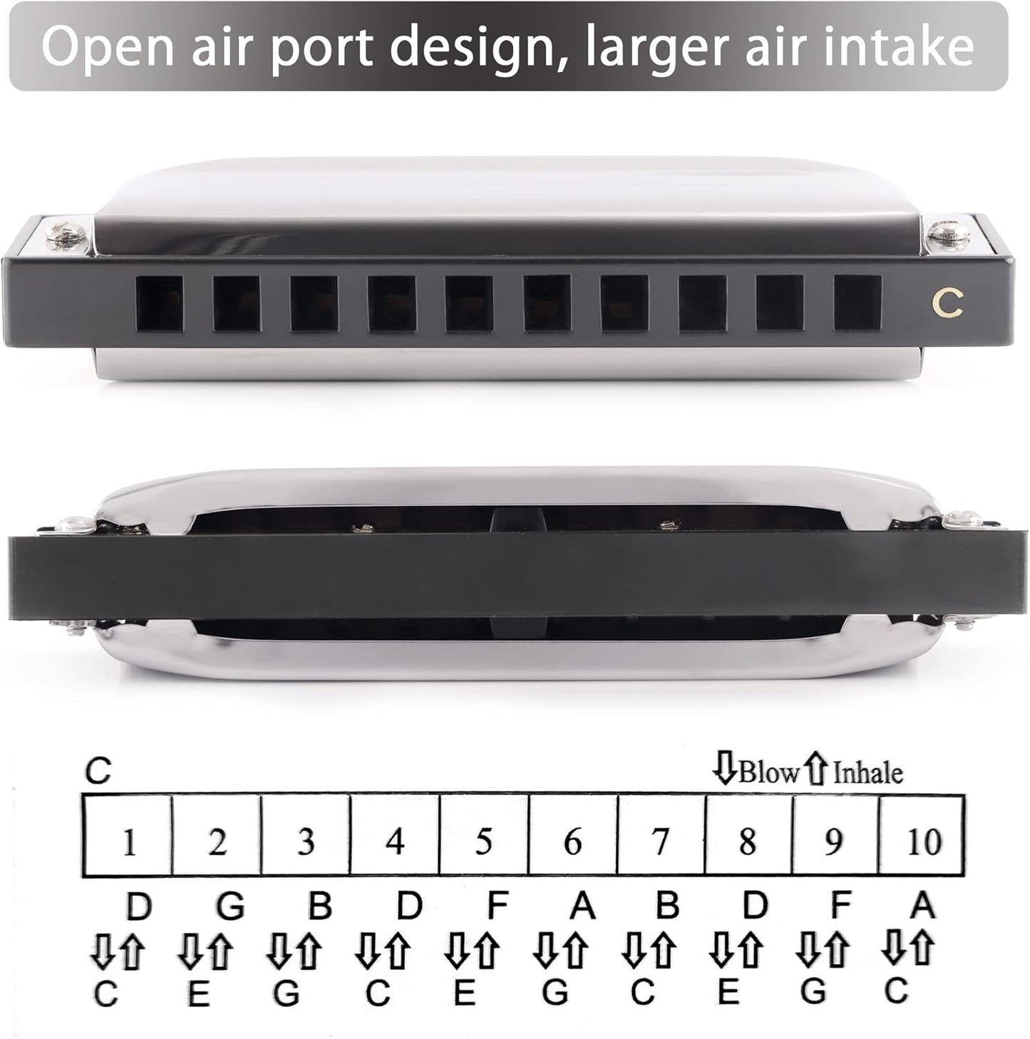 SWAN Blues Harmonica C Key for Kids Adults, 10 Hole Diatonic Harmonica Key of C, Metal Blues Harp for Beginners Students, Mouth Organ in Case, Silver