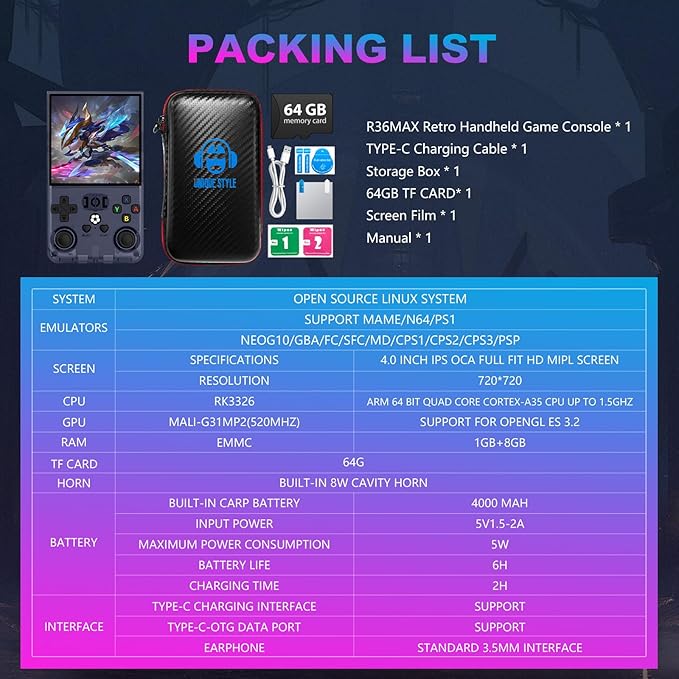 R36MAX Retro Handheld Game Console, 4.0 Inch 720x720 IPS Screen, Built-in 18,000+ Classic Game, Portable Hand Held Open Source Linux System, 4000mAh Battery Retro Gaming Console (Gray 64GB)