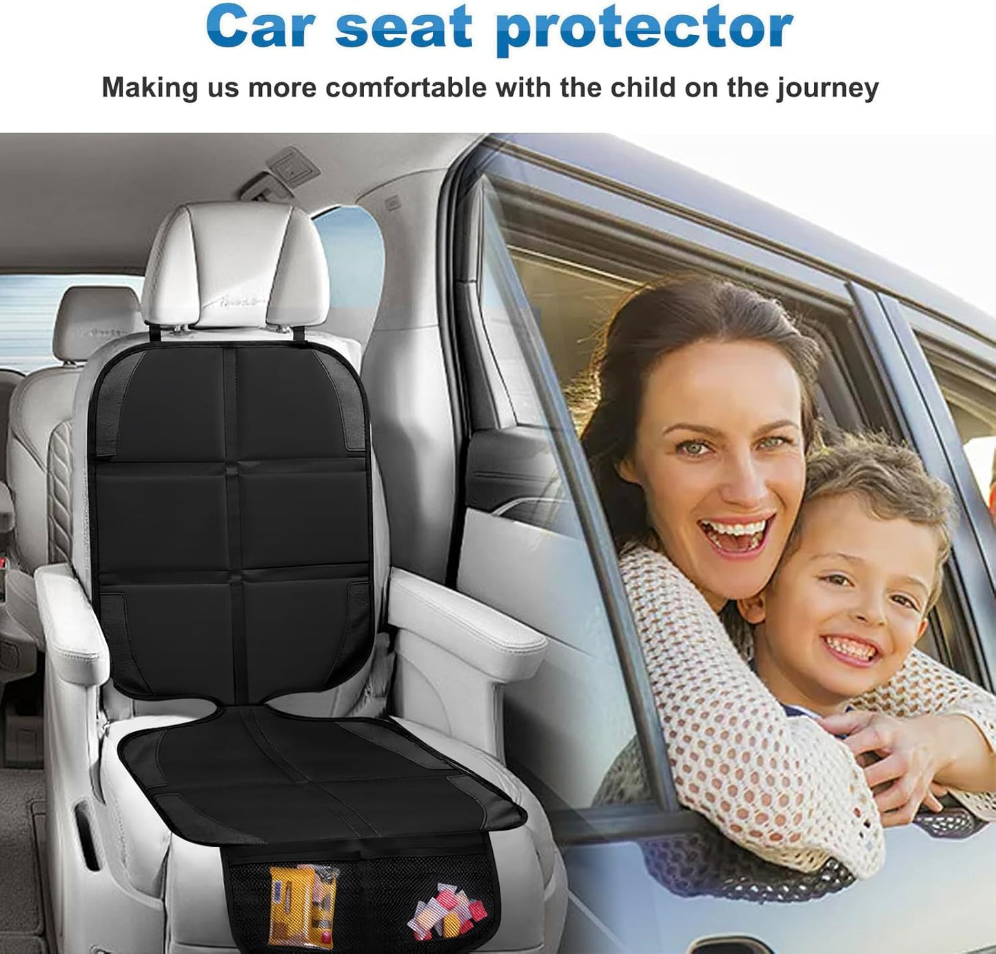 Car Seat Protector, 2 Pack Baby CarSeat Protector with Mesh Pockets & Non-Slip Backing 600D Durable Seat Cover Under Baby Child Car Seat, (Black, Standard)