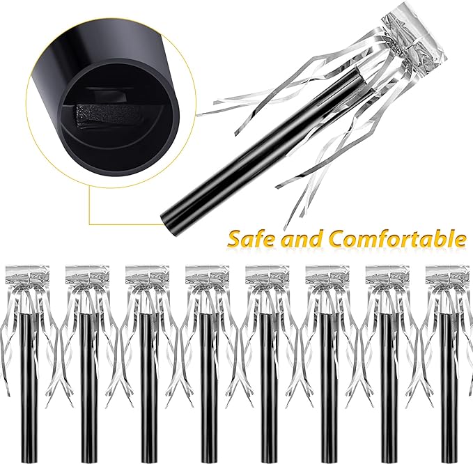 Skylety 18 Pcs Party Blower Noisemakers Party Squawkers Blowouts Whistles Fringed Noise Maker Musical Blowouts for Birthday Supplies(Black and Silver)