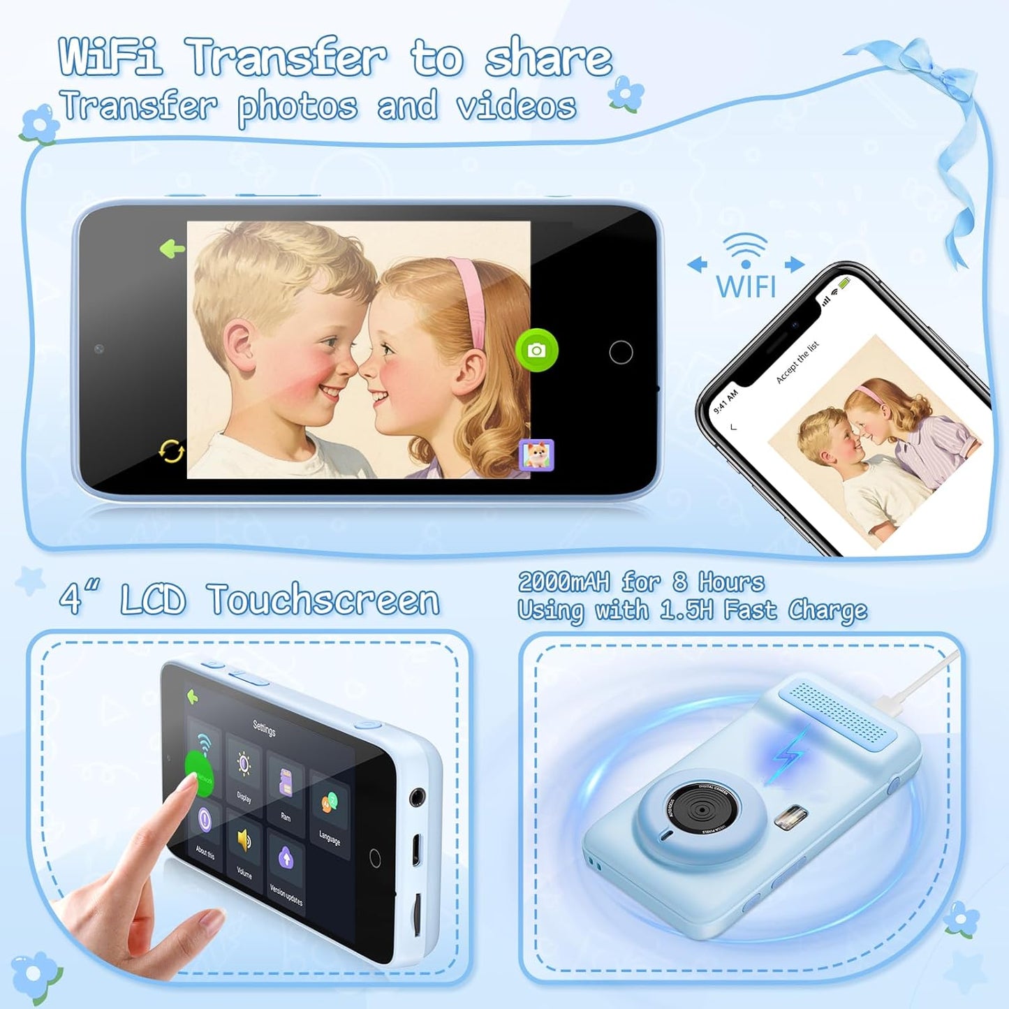 AI Everything Recognition Kids Camera for 4-12 Years Old Girls Boys, Supports 2.4GHz Wi-Fi,4" LCD Touch Screen,Dual Lenes Selfie Digital Camera,Gift Ideas for Birthday Christmas Festival