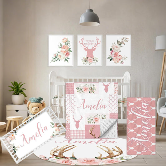 Personalized Baby Crib Bedding Set, 5 Pcs Custom Name Nursery Bedding Set, Pink Woodland Deer Baby Bedding Set for Girl, Double Layer Baby Crib Sets, Customized Gifts for Toddlers Kids Infants