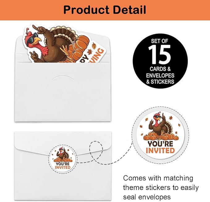 REWIDPARTY 15 Sets Thanksgiving Party Invitations with Envelopes Stickers, Pumpkin Turkey Shaped Fill-in Invitation Cards, Thanksgiving Dinner Invites, Funny Fall Party Supplies for Family Friend