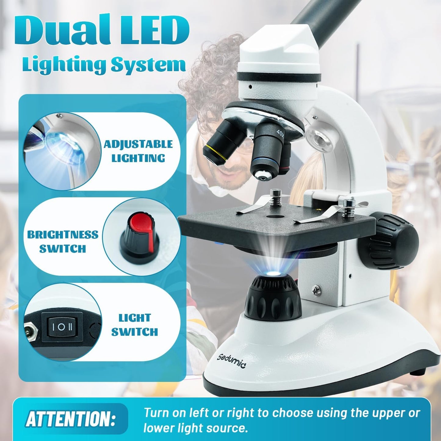 Microscope for Kids Starter Adults 64X-1280X Metal Monocular Microscope for Students School Home Education LED Lights Phone Holder Microscope Kit