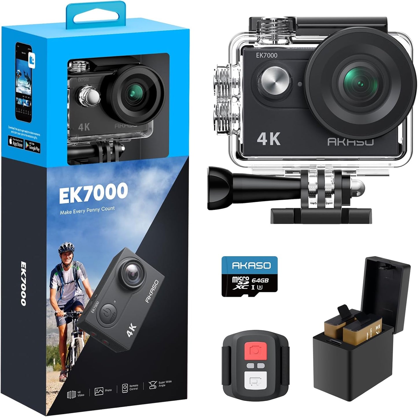 AKASO EK7000 4K30fps Action Camera with 64GB MicroSDXC U3 Memory Card 131ft Waterproof Camera with EIS 4X Zoom Remote Control Ultra HD 20MP Underwater Camera with Accessories Kit