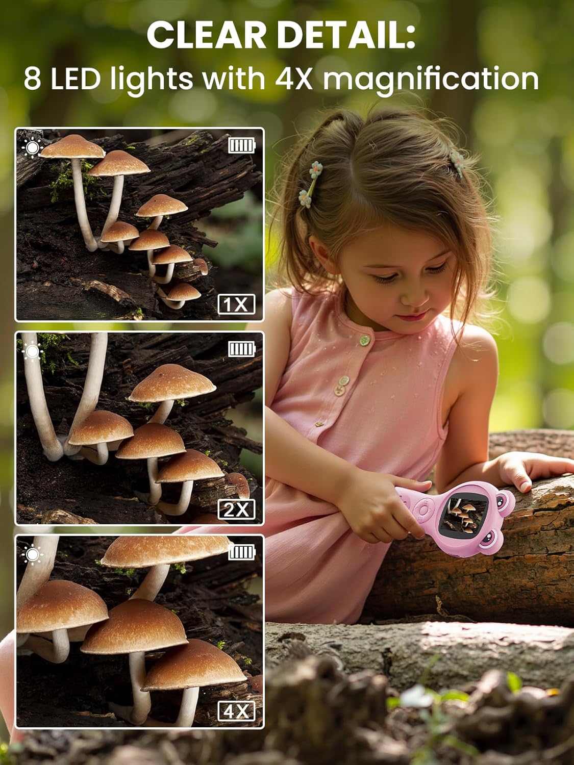 Microscope for Kids, 2 Inch Digital Microscope with 500X Magnifying Glass, 4× Zoom Handheld Camera Mini Pocket Magnification, Educational Science Toys for Ages 3+, Pink