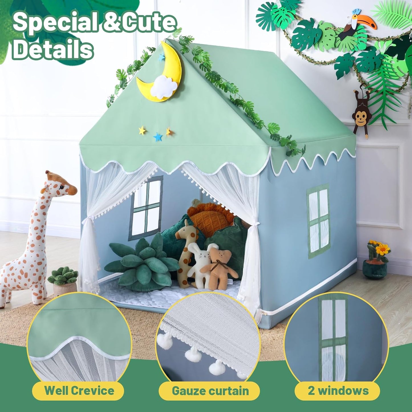 Wilwolfer Kid Tent with Mat, Star Lights - Kids Play Tents for Toddlers Kids Tents Indoor Playhouse - Princess Tent for Girls Toy House Gift (Green with Mesh)