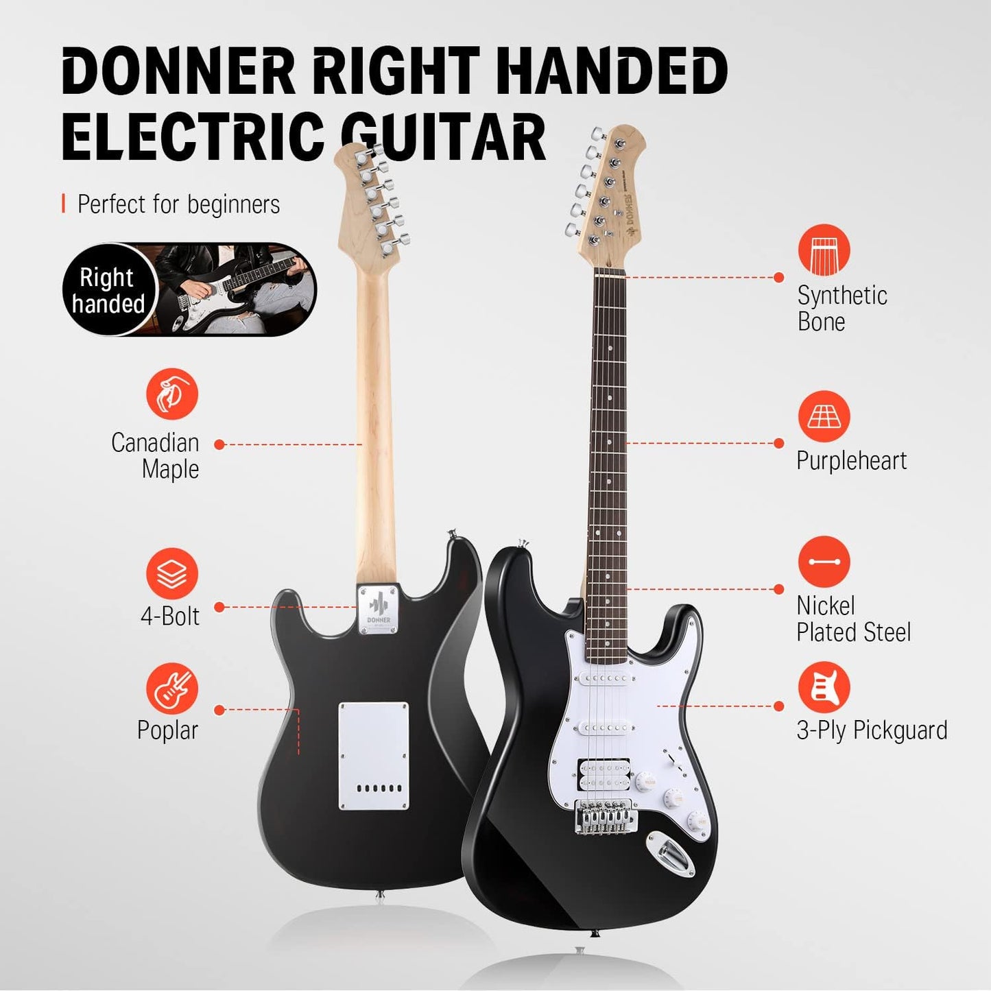 Donner DST-100B 39 Inch Electric Guitar Beginner Kit Solid Body Full Size Black HSS for Starter, with Amplifier, Bag, Digital Tuner, Capo, Strap, String,Cable, Picks
