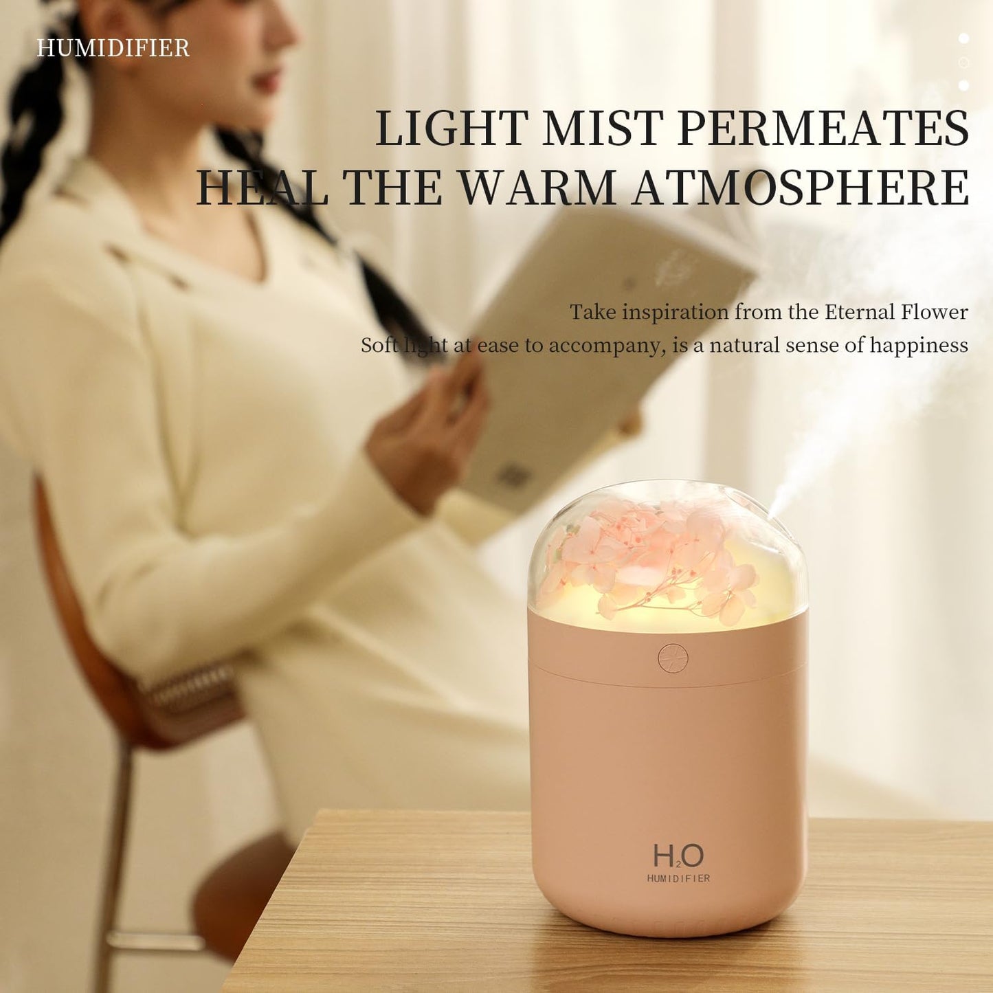 Portable Small Hydrangea Humidifiers for Bedroom Baby, Mini Cool Mist Plant Humidifier for Plants, Quiet Desktop Humidifier with 2 Working Modes & Colorful Night Light for Travel, Office, Bedroom