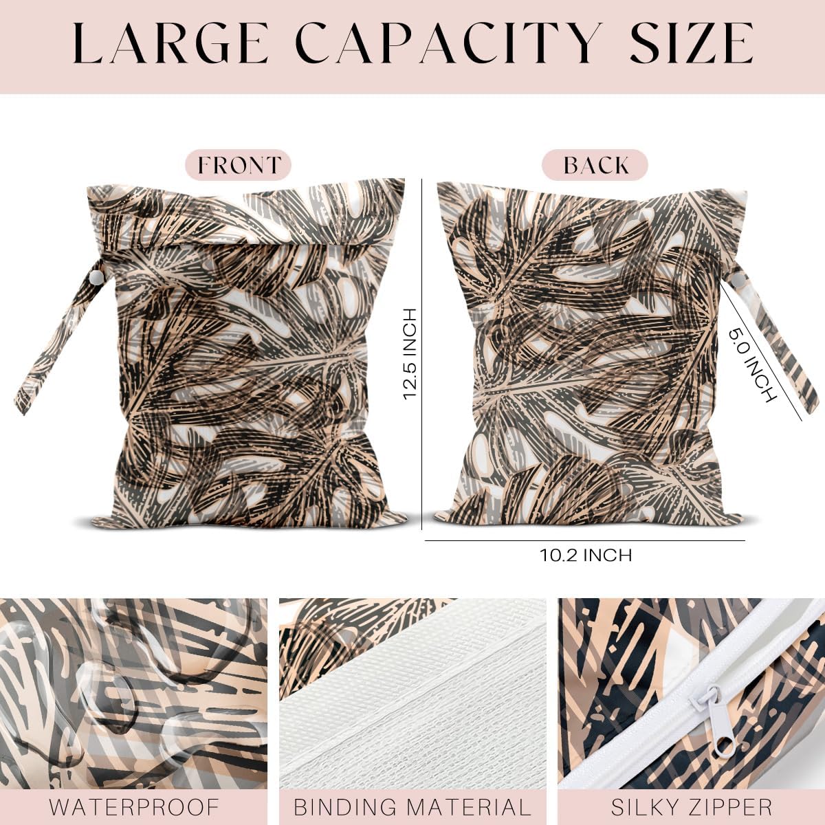 Wet Bag, Wet Dry Bag, Wet Bag for Swimsuit, Travel, Beach, Pool, Diapers, Dirty Yoga Gym Clothes, Makeup Bag, Waterproof Tropical Palm Leaves Decor Jungle Palm Leaf Favors, 12.6” x 10.2”