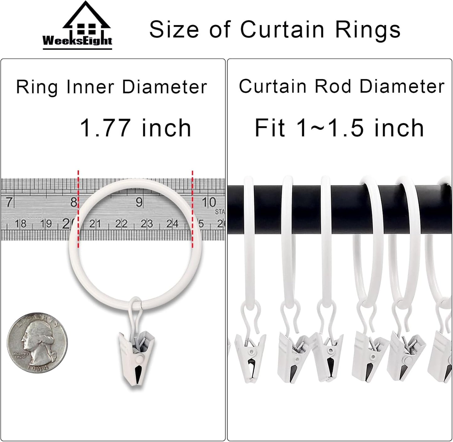 40 Pack White Curtain Rings with Clips, Curtain Hooks Hangers Clip Rings for Hanging Drapes Bows Hat, Drapery Rings 1.77 in I D, Fits up to 1.5 in Diameter Curtain Rod.