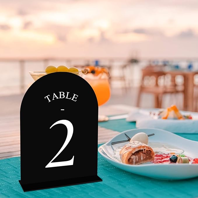 JOYIT Arch Wedding Table Numbers 1-10 with Stands – Double-Sided Printed 5" X 7" Acrylic Signs with Black Background and White Text, Perfect for Wedding Receptions, Parties, Anniversaries, and Events