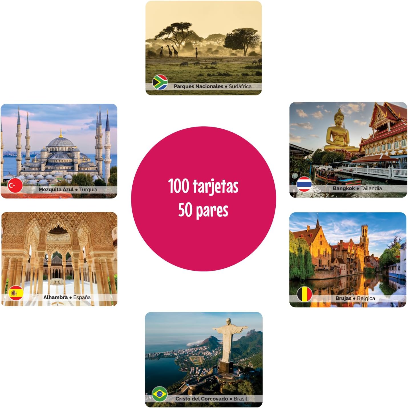 Menique Explore The World Memory Matching Game – Spanish Edition – 100 Cards (50 Pairs) with Iconic Landmarks, Country & Flag – Educational Geography Game in Spanish.