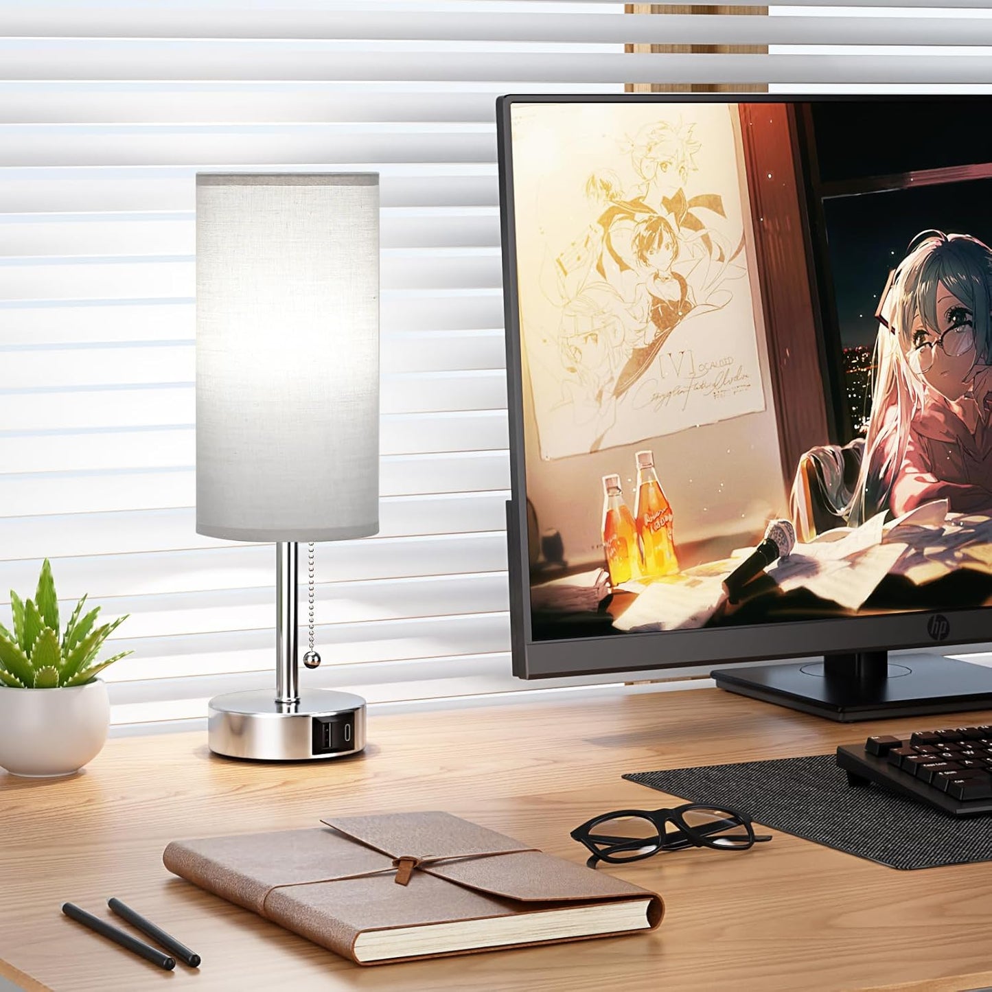 Grey Table Bedside Lamp for Bedroom Nightstand - Small Silver Lamp with USB A + C Charging Port, 3 Color Temperatures Pull Chain Night Stand Light with Bulb, Side Table Desk Lamp for Living Room