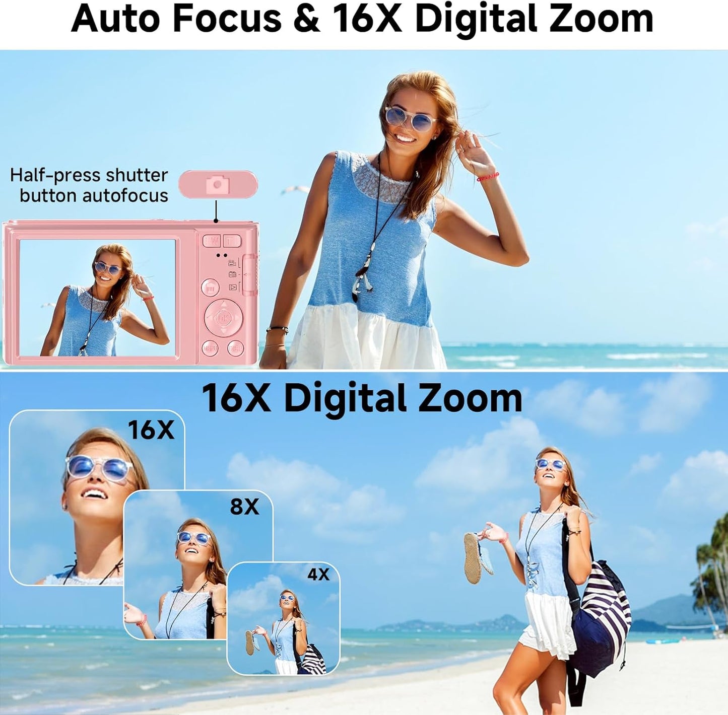 Digital Camera, FHD 4K 44MP Digital Camera, 16X Digital Zoom, Digital Point and Shoot Camera with 3-LED Fill Lights, 64GB SD Card, Compact Camera for Kids Teen Boys Girls, Pink