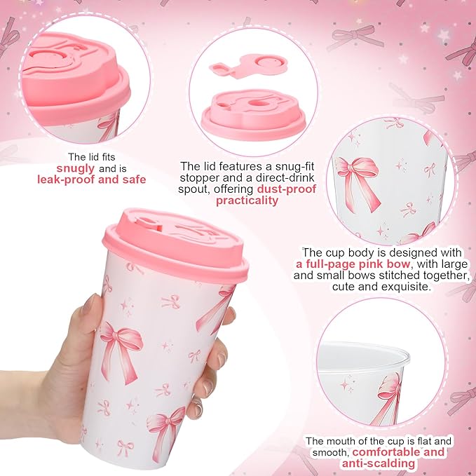 Yungyan 16 Sets Pink Bow Party Favors Goodie Cups with Lids and Straws for Birthday Coquette Party Decorations Reusable 16oz Plastic Candy Cups Plastic Straws for Christmas Decor(Pink Bow)