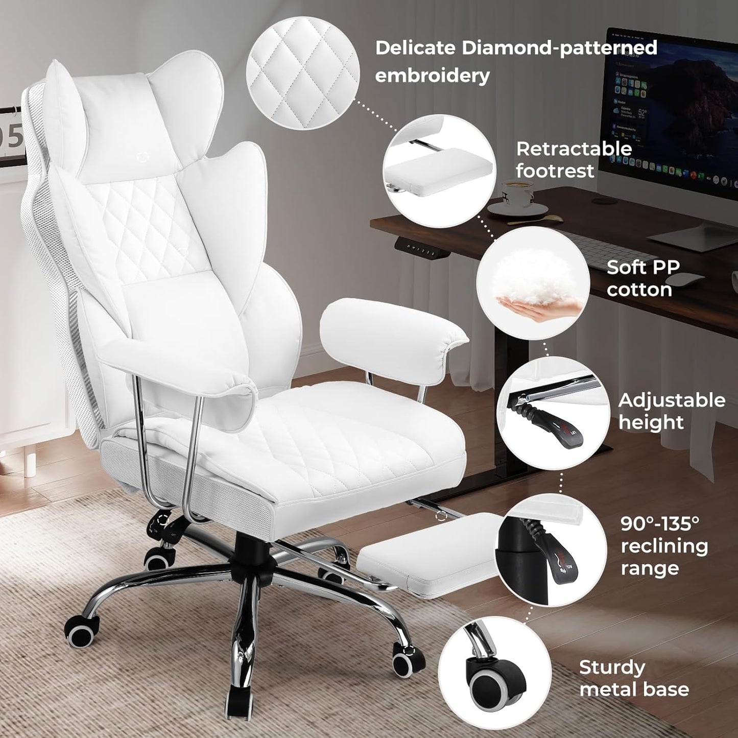 COMHOMA Big and Tall Office Chair, High Back Leather Gaming Chairs with Footrest, Executive Ergonomic Office Chair with Pocket Spring Lumbar Support and with Outward Fixed Soft Armrests