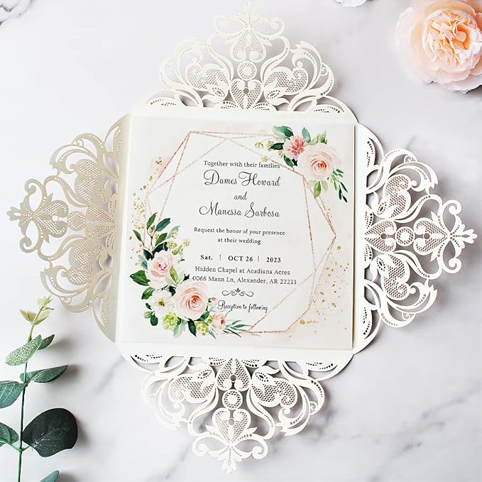 Hosmsua 50PCS Personalized Silver Glitter Laser Cut Wedding Invitation Cards With Envelopes 6.3 x 6.3 Inch Hollow Lace Rose Pocket and for Quinceanera Wedding Invite (Silver Glitter)