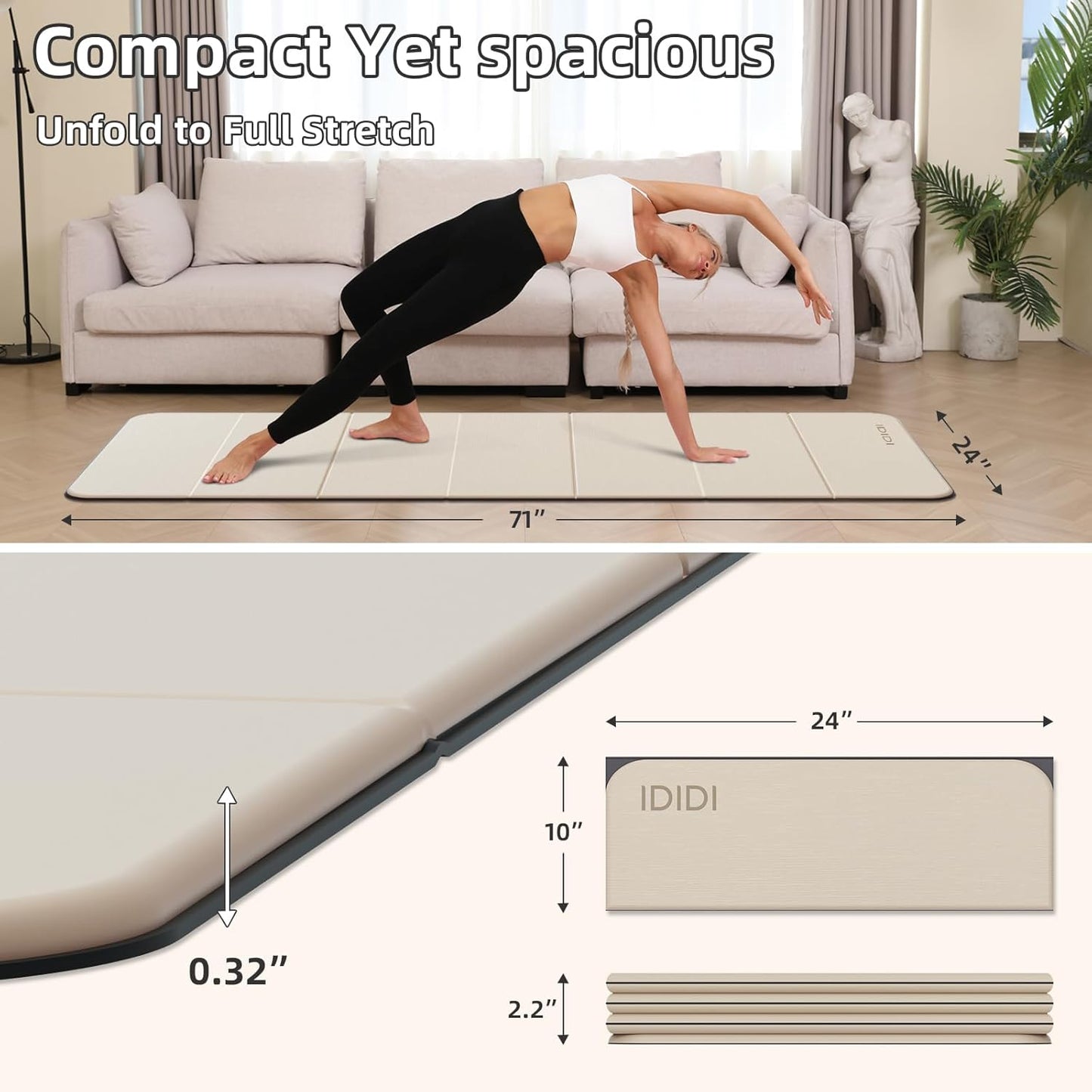 Foldable Yoga Mat Extra Thick 0.32 Inches Eco-Friendly POE Material, Non-Slip Design Fitness Mats, Multi-Purpose Workout Mats For Studio or Home Use (70 x 24 x 0.32 inches）