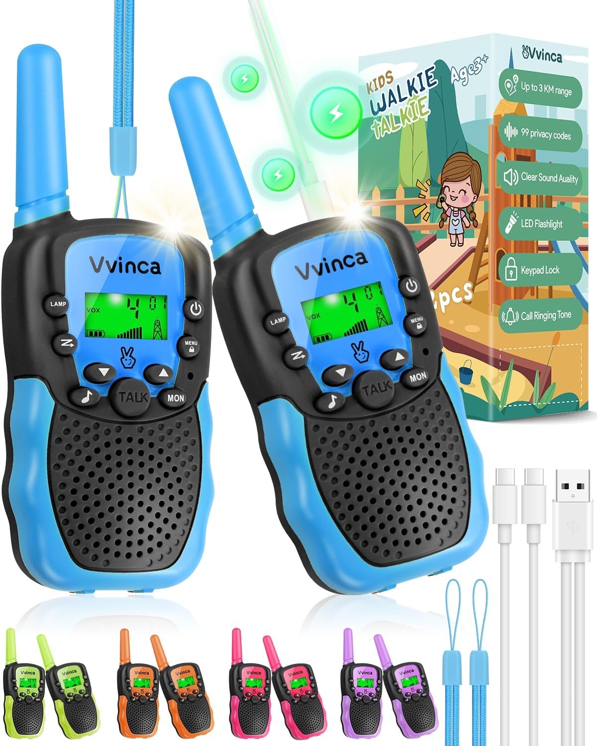 Vvinca Walkie Talkies Toys for Ages 5-7, Rechargeable Walkie Talkie Gifts for 3-12 Year Old Boy Girl with Flashlight 22CH 2 Way Radio 3 Mile Long Range for Adventure Game Camping Outdoor Hiking