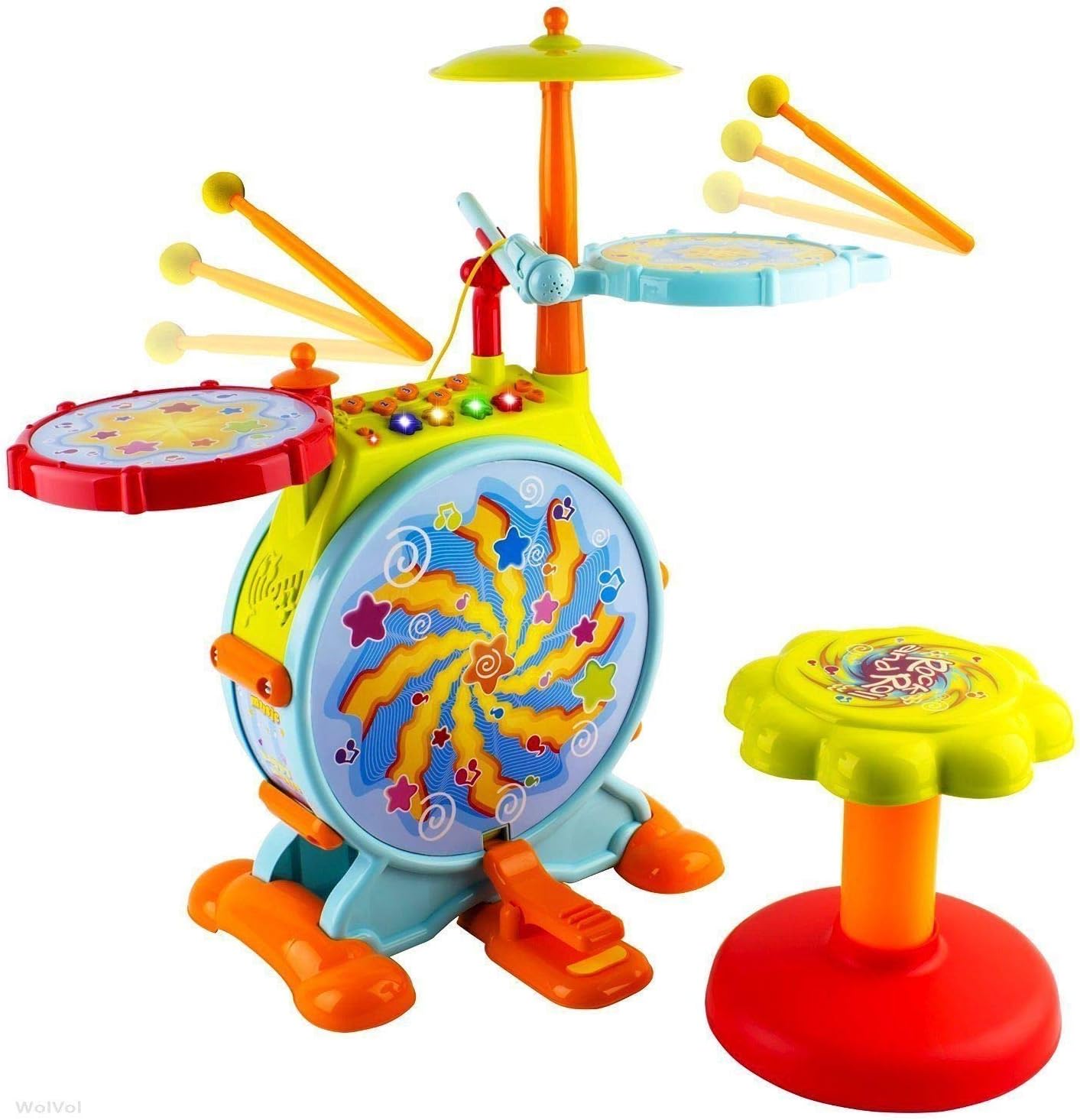 Play Baby Musical Big Toy Kids Drum Set with Adjustable Mic and Seat - Many Functions and Activities for Hours of Play - Pretend to Be A Real Drummer with Drumsticks, Pedals, and Bass Drum