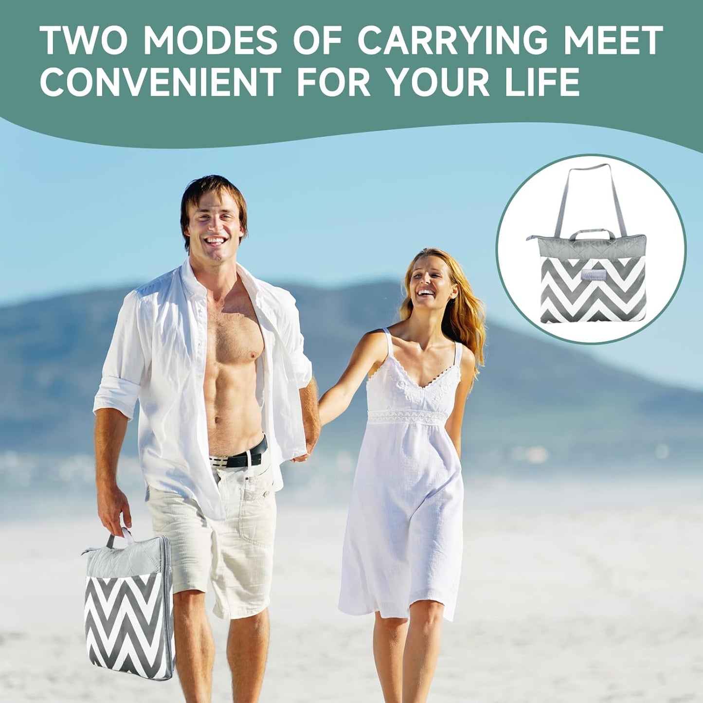 Waterproof Picnic Blanket, Lightweight 50” x 60” Foldable Sandproof Beach Blanket with Large Pocket, Portable Outdoor Camping Blanket Great Couples Gift Ideas, Gray Wavy