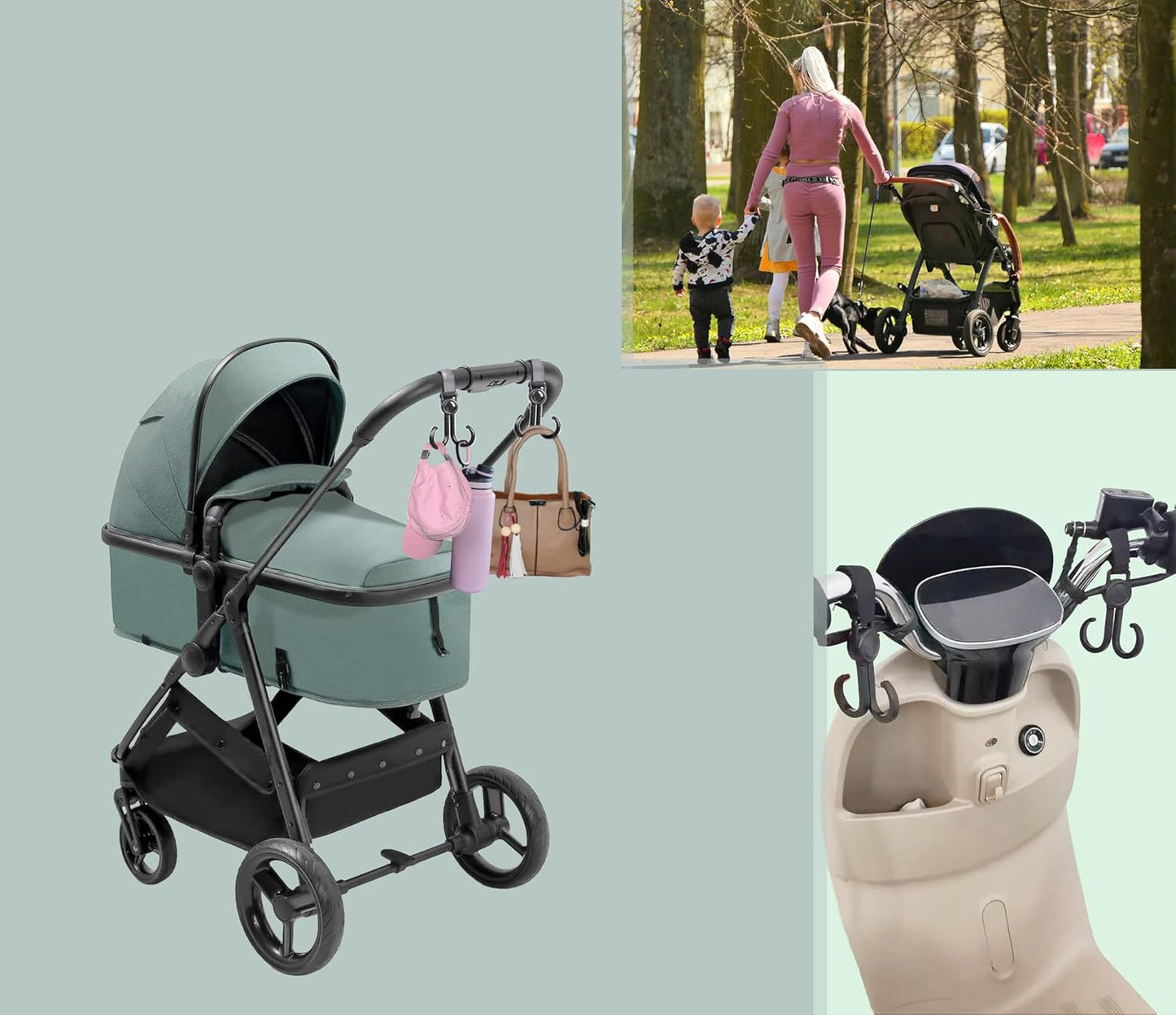 Double Stroller Hooks, 4 Pack Car Seat Hook, Adjustable Hook, Stroller Hanger Hook, Stroller Organizer Hook, Seat Headrest Hook, Universal Stroller Organizer