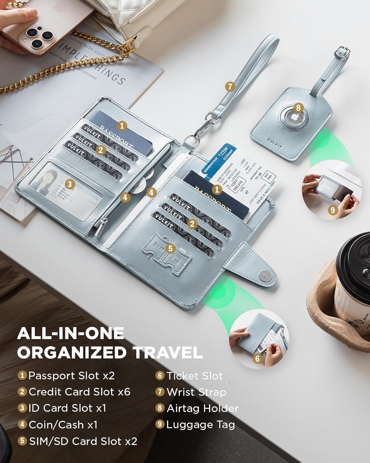 VULKIT Airtag Passport Holder for Travel, RFID Blocking Travel Wallet, Passport Cover for Family with Luggage Tag & Wrist Strap, Holds ID Card, 6+ Cards, Tickets, Cash, Coin, Blue, Family 4 persons