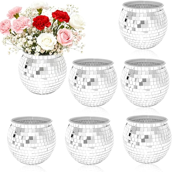 6 Pcs Disco Ball Vases,6" X 6.7" Disco Ball Centerpieces Decor,Silver Mirror Plastic Vase Disco Ball Planter for Wedding,Birthday,Office Table Decorations