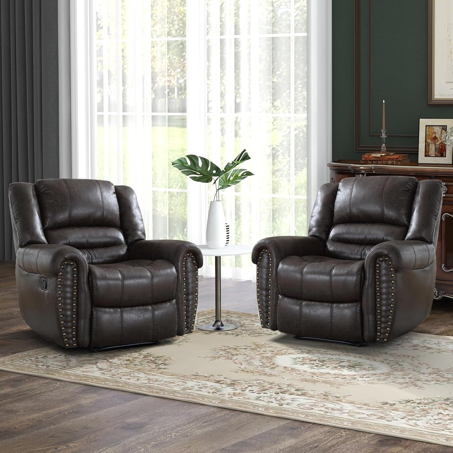 CANMOV Leather Recliner Chair Set of 2, Classic and Traditional Manual Recliner Chair with Comfortable Arms and Back,Manual Single Recliner Sofa for Living Room, Dark Grey