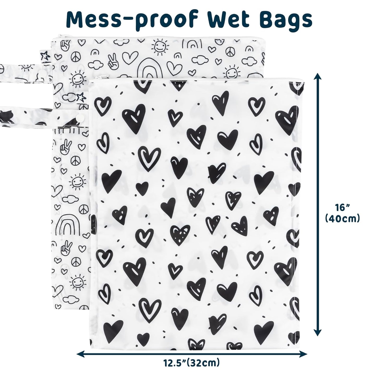Tiny Twinkle Mess-Proof Waterproof Wet Dry Bag | 2-Pack Reusable Wet Bags for Swimsuits & Baby Clothes | Leakproof Wet Bag for Travel & Diaper Changes for Baby (Black, White)