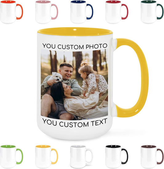 Custom Mug Upload Your Picture Personalized Coffee Mug with Photo Text Name Customized Cup Unique Ideas Gifts for Men Women Mom Dad Girlfriend Boyfriend Friend Family (Yellow, 15oz)