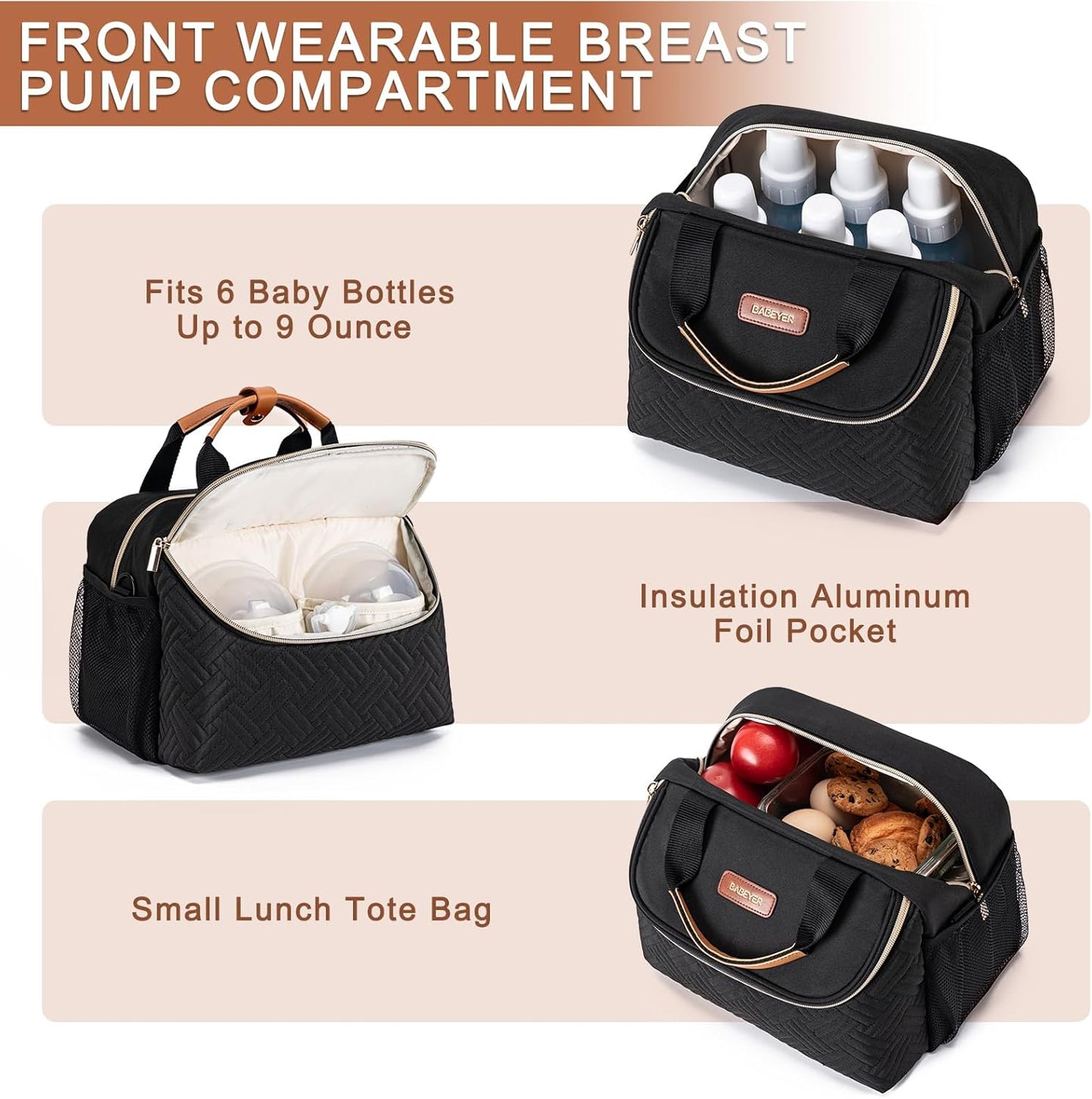 Breastmilk Cooler Bag with Ice Pack Fits 6 Baby Bottles up to 9 Ounce, Wearable Breast Pumps Cooler Bag for Nursing Mom Daycare, Work, Travel- Black