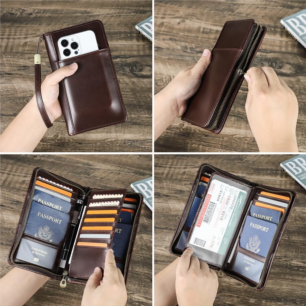 CONTACTS Travel Passport Wallet for Men Leather Family Passport Holder Travel Clutch Wallet Zipper Wrist Card Purse RFID Blocking with 13 Card Slot Fit up 4 Passports