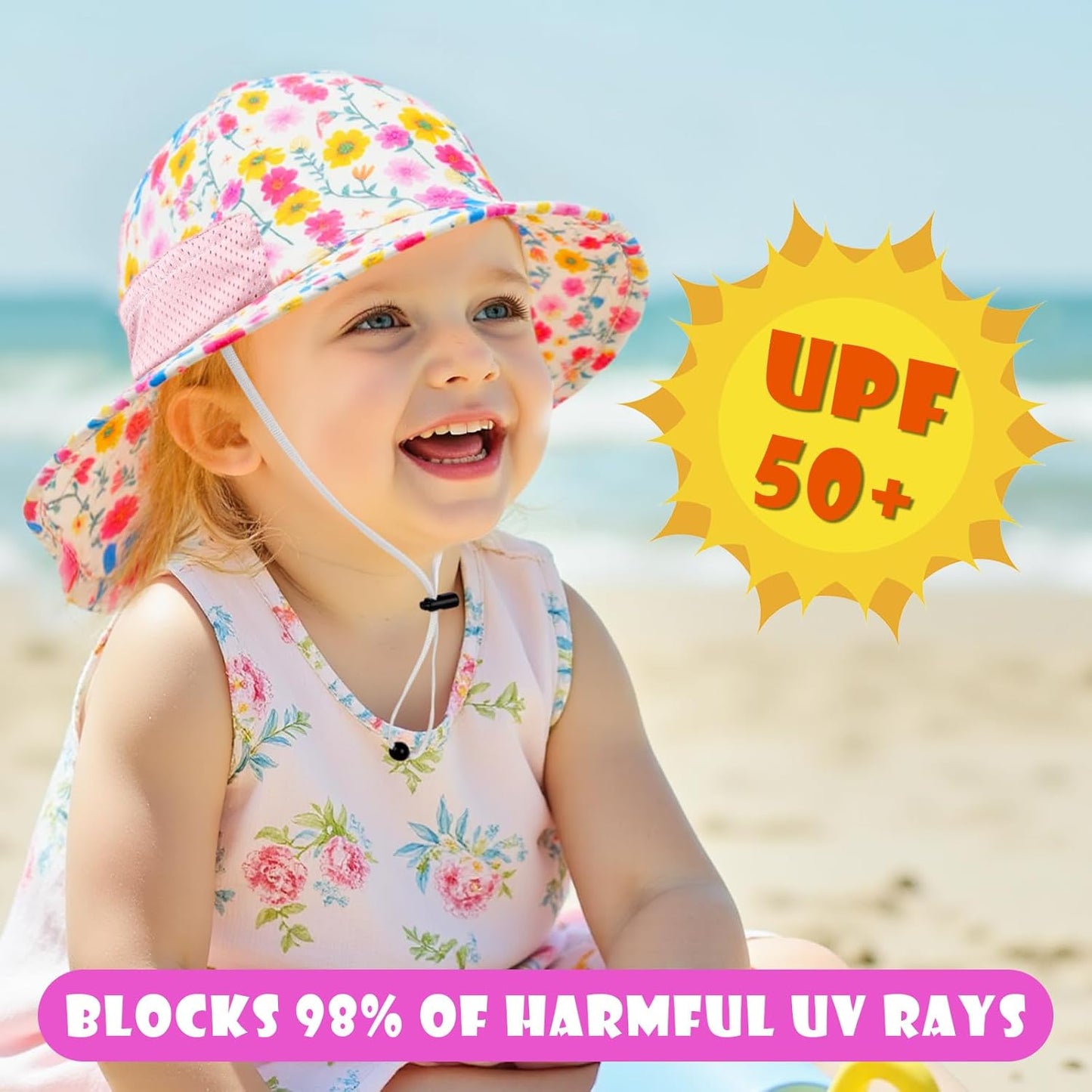 Toddler Baby Sun Hat Kids Summer UPF 50+ for Boys Girls Adjustable Beach Hats with Bucket Wide Brim Age 1-7 Years