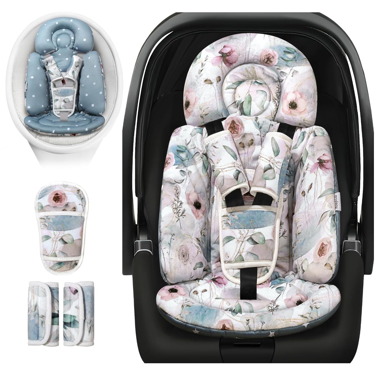 Upgraded Infant Car Seat Insert, 2-in-1 Reversible Baby Car Seat Head Support with 3 Strap Covers, All Seasons Newborn Car Seat Insert and Baby Carseat Cushion for Stroller, Swing, Rocker, Bassinets