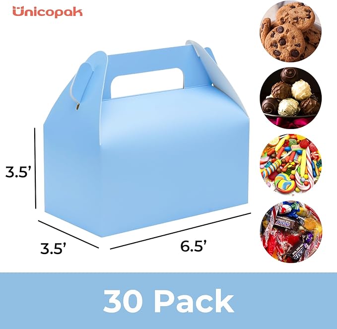 UnicoPak 30 Pack Baby Blue Gable Treat Boxes Party Favor Goodie Bag Boxes for Candy Treats Snacks Cookie Toys for Birthday Party Special Events, 6.5x3.5x3.5 Inches