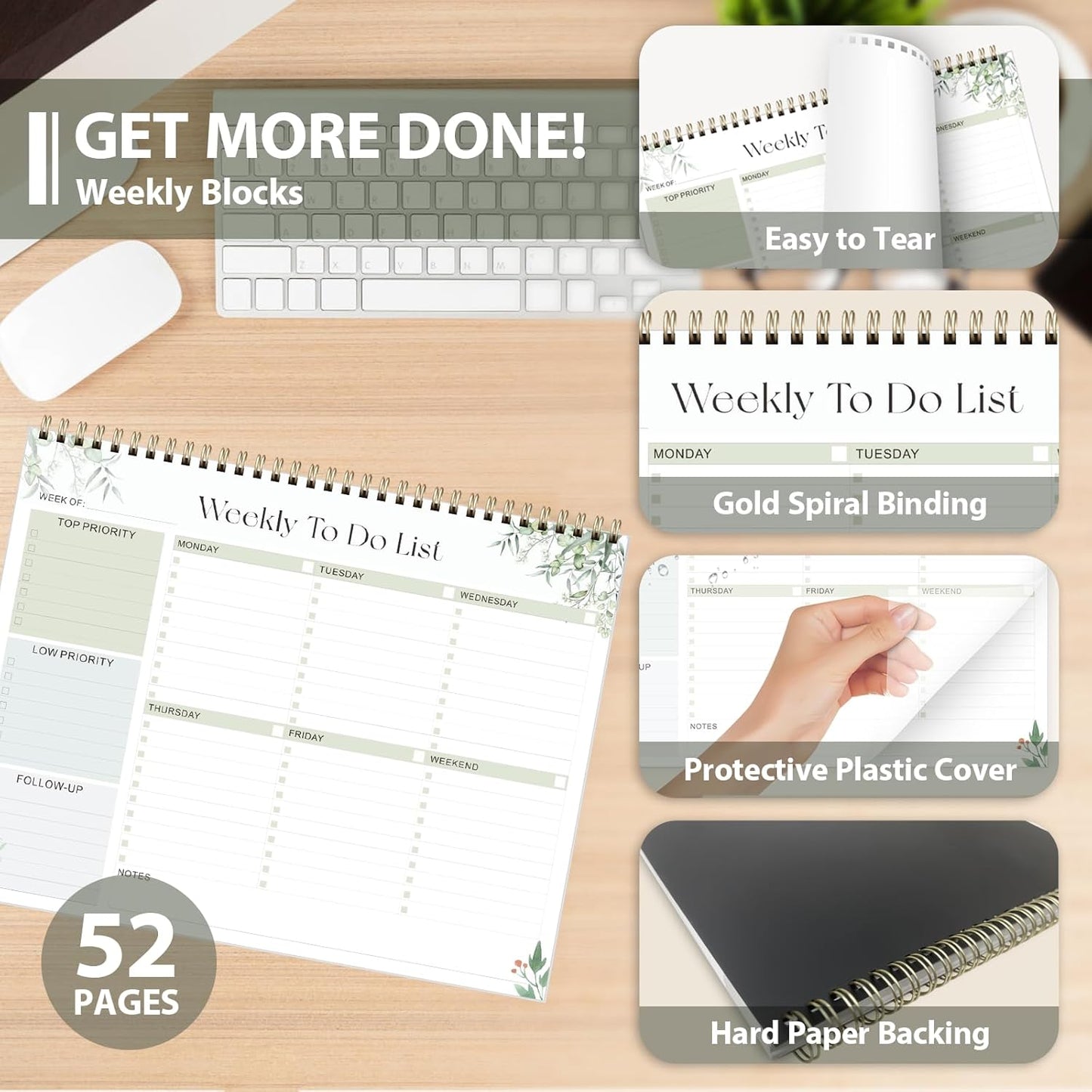 Weekly To Do List Notepad, Undated Planner with 52 Sheets (8.5''x11''), Desk Weekly Planner for Women & Man, Home School & Work (D-Leaf)