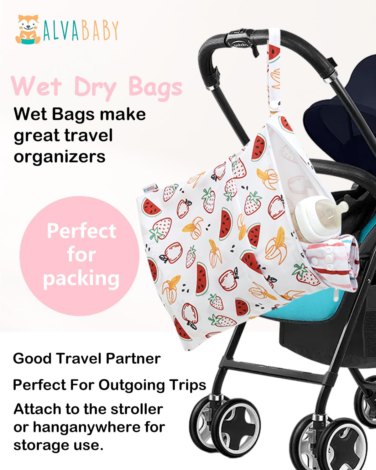 ALVABABY 3 Cloth Diaper Wet Dry Bags Waterproof Reusable with Two Zippered Pockets Travel Beach Pool Daycare Soiled Baby Items Yoga Gym Bag for Swimsuits or Wet Clothes Small Medium Large 3L-ZM27