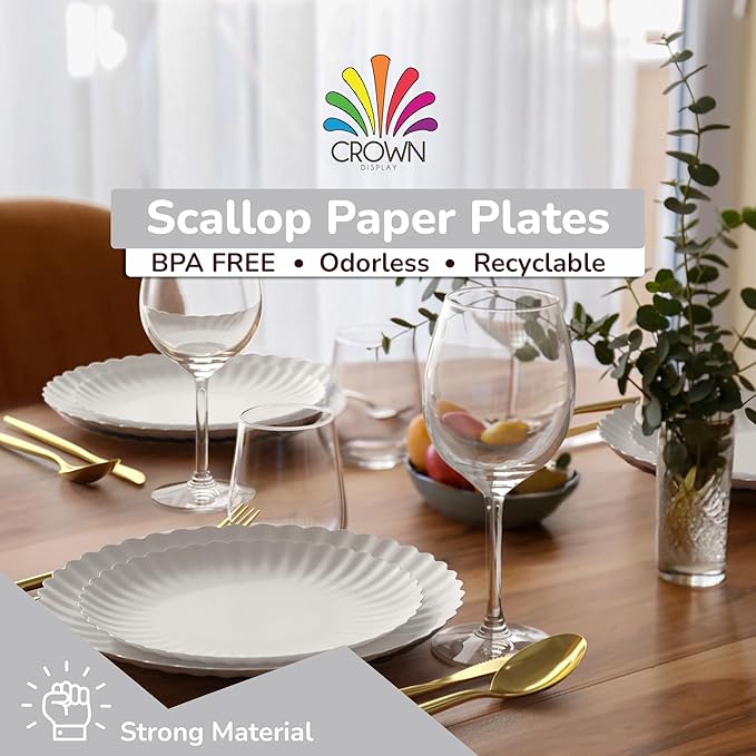 Trendables Scalloped Paper Plates 8.5 Inch & 10.5 Inch 40 Pcs Dinner Plate Set Fancy Disposable Plates for Party for 20 Guests 20 X 8 & 20 X 10 Large & Small Paper Plate Set for Parties Snow