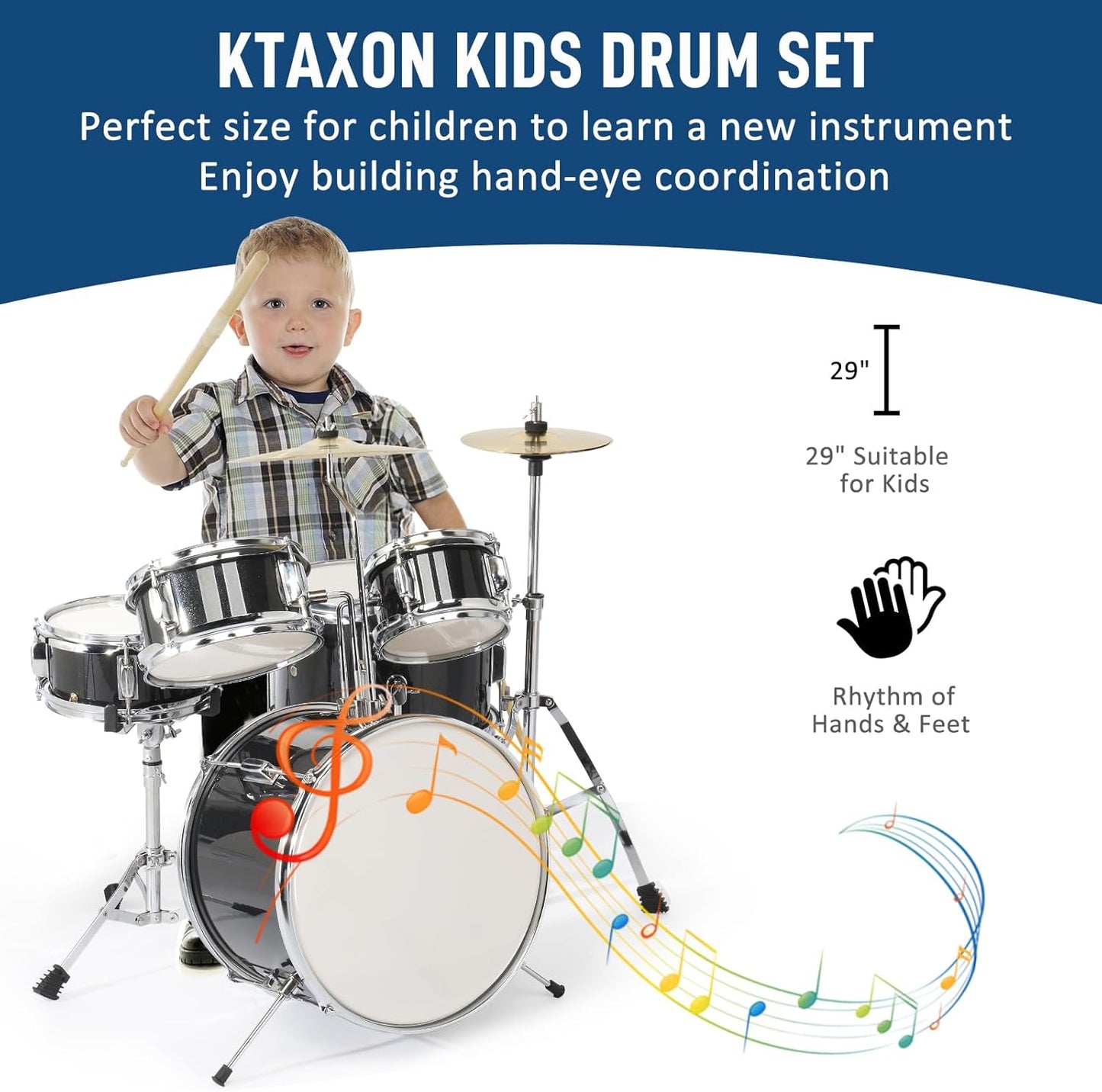 Ktaxon 5-Piece Complete Junior Drums Set, 14 Inch Beginners Drum Kit with Throne Stool, Pedal & Drumsticks, Kids Drums Musical Instruments W/Cymbal, Hi-Hat, Floor, Tom and Snare Drum (Black)