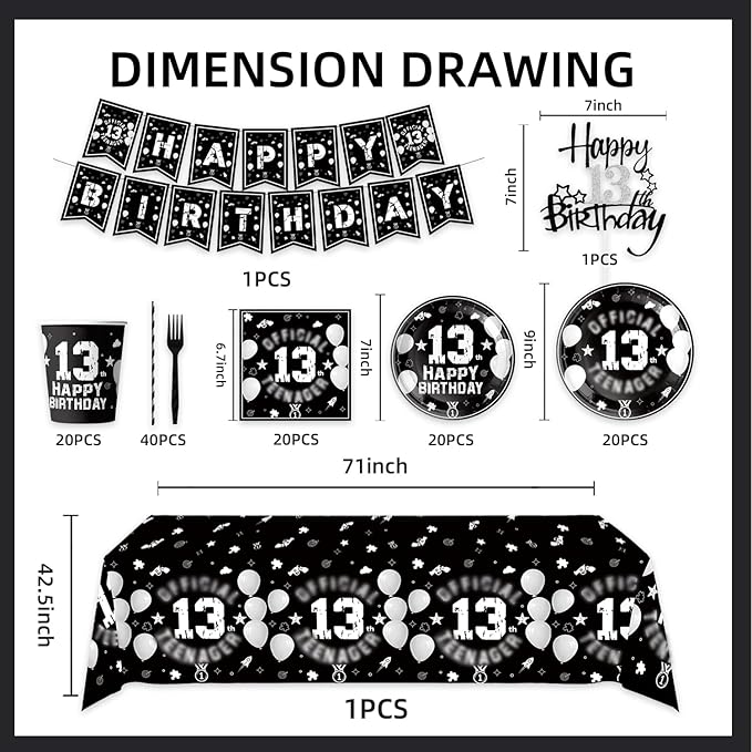 123pcs 13th Party Decorations,13th Silver Black Birthday Banner,Flags,Paper,cups,Straws,Forks,Cake Toppers,Dessert plates,Tablecloths and dinner plates,Officially a Teenager 13th Birthday Supplies