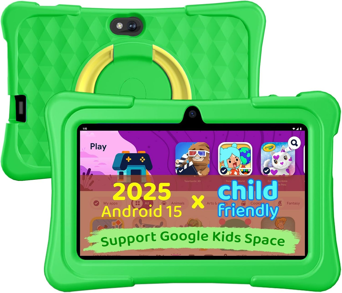 Kids Tablet, 7 inch Android 15 Tablet for Kids, 8GB+32GB 1TB Expand, Quad-Core Toddler Tablets with Shockproof Case, BT5.0, WiFi 5, Parental Control, Games, Dual Camera (Green)