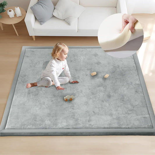 ACOMOPACK Baby Play Mat for Floor 1.3" Thick Memory Foam 50x50 Soft Velvet Playpen Mat for Kids,Infants,Toddlers,Tummy Time Crawling Mats with Non-Slip Bottom,Yoga,Tatami,Nursery Rug（Light Grey）