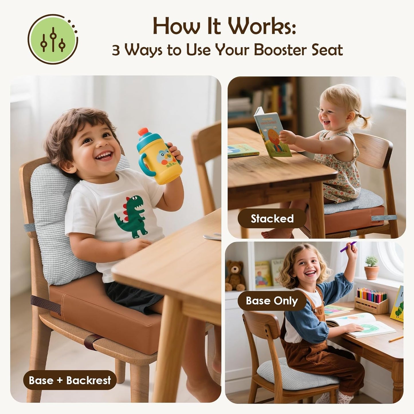 Booster Seat for Kitchen Chair with Comfy Backrest and Adjustable Safety Buckles,Non-Slip Kid Toddler Booster Seat for Dining Table,Portable PU Travel Baby Booster Increasing Cushion Chair